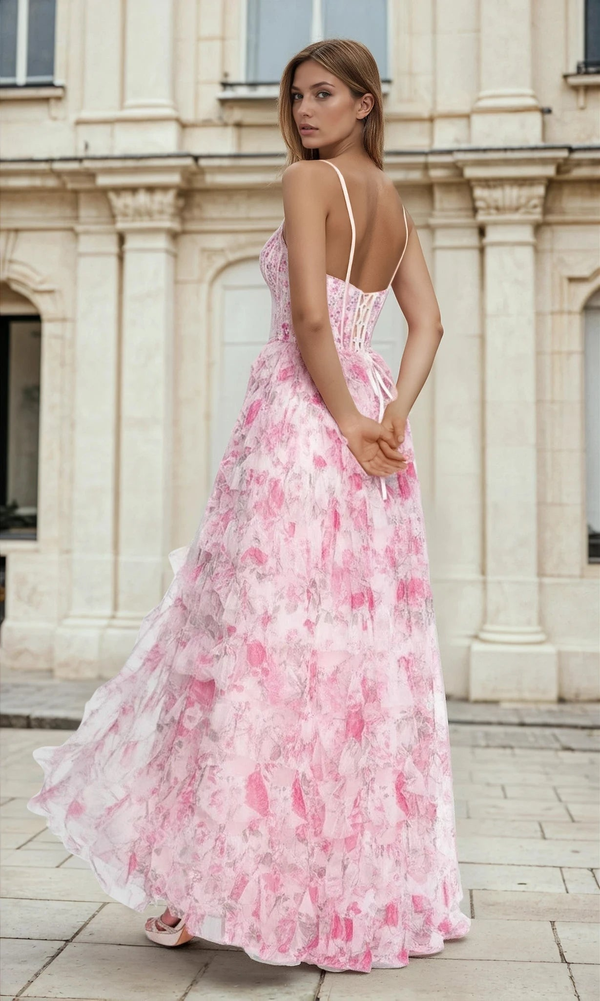 Romantic Pink  A-Line Sweetheart Spaghetti-Strap Floral-Print Lace-Up-Back Ruffled Tiered Floor-Length Prom Dresses