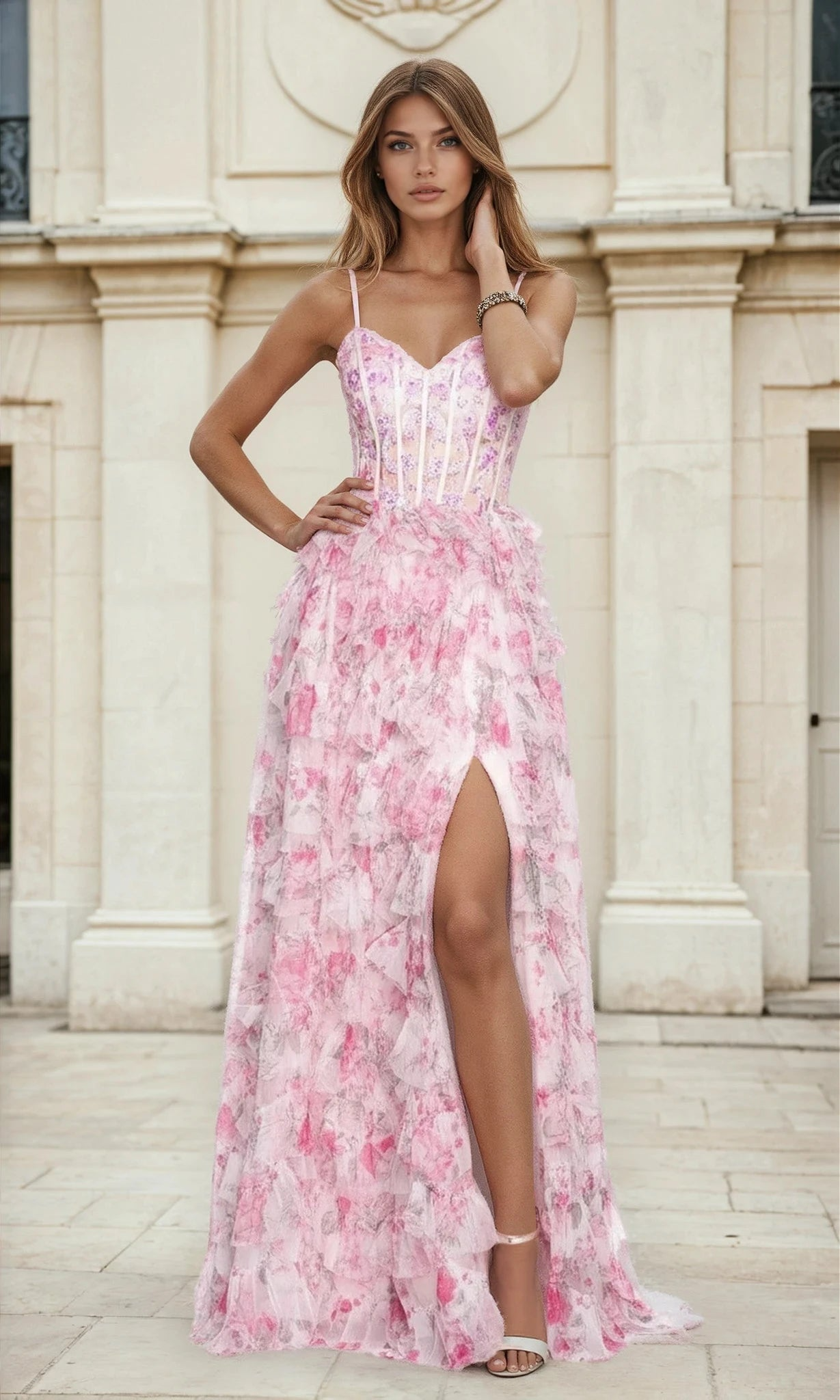 Romantic Pink  A-Line Sweetheart Spaghetti-Strap Floral-Print Lace-Up-Back Ruffled Tiered Floor-Length Prom Dresses