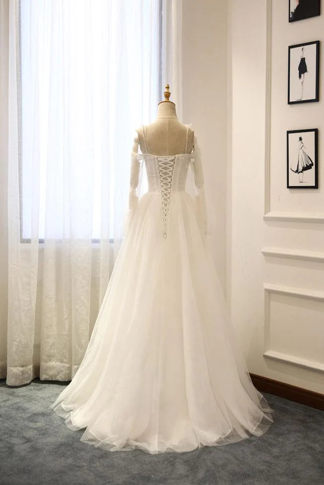Romantic Square Neck Long Sleeve Tulle White Floor-Length Wedding Dress