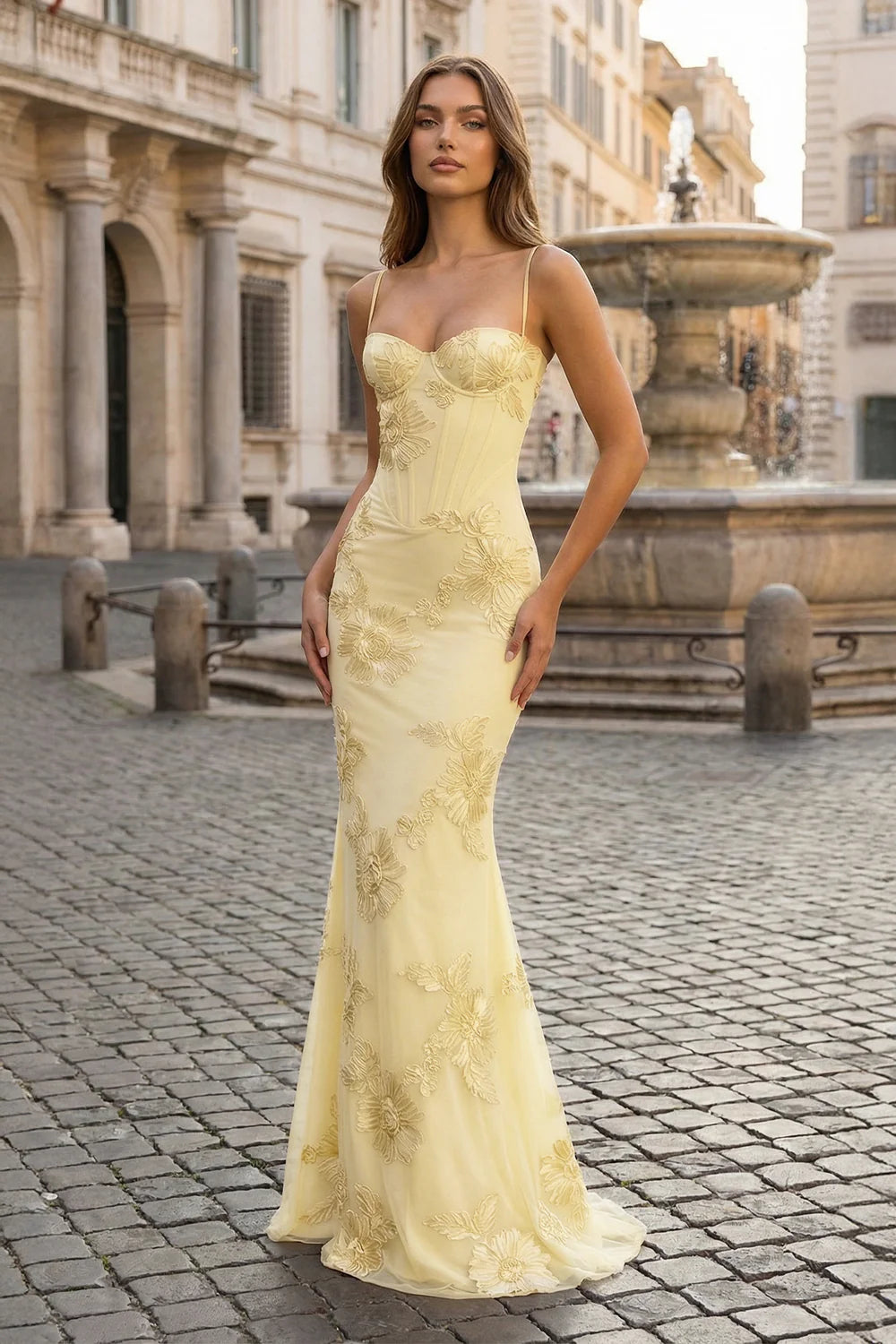 Romantic Yellow Mermaid Sweetheart Spaghetti-Strap Lace-Up Back Floor-Length Prom Dresses With Floral Embroidery