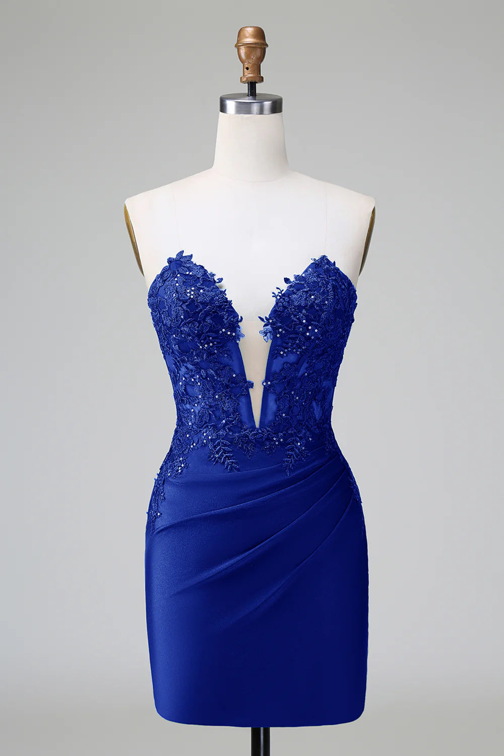 Dark Green Tight Deep V Neck Satin Strapless Short Homecoming Dress with Appliques