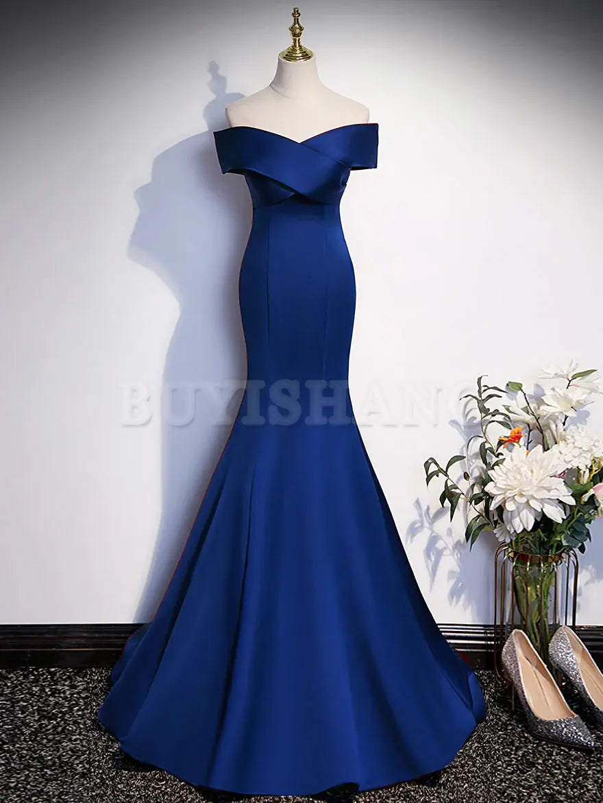 Buyishang Royal Blue Mermaid Satin Long Prom Dress Off Shoulder Blue Evening Dress prom dresses shops