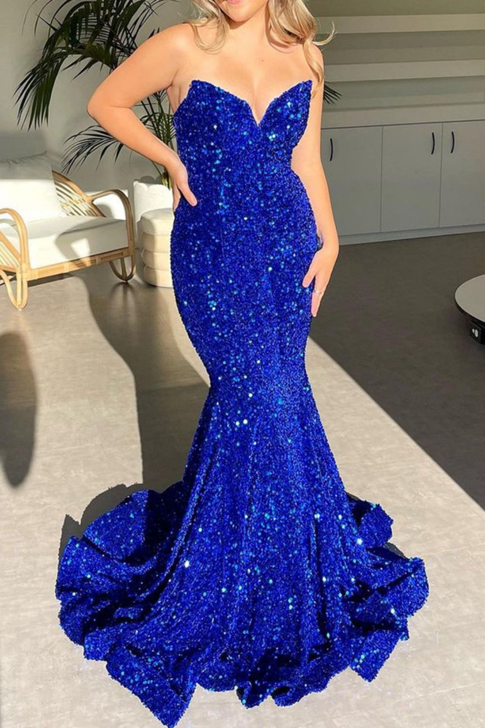 Royal Blue Sparkly Sequin Strapless Long Corset Prom Dress