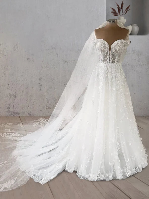 Buyishang Sweetheart Off the Shoulder A-Line Tulle Lace Applique With Tulle Train Wedding Dress