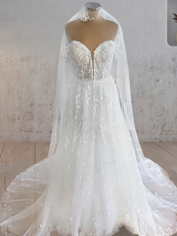 Buyishang Sweetheart Off the Shoulder A-Line Tulle Lace Applique With Tulle Train Wedding Dress