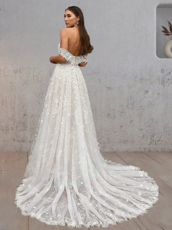 Buyishang Sweetheart Off the Shoulder A-Line Tulle Lace Applique With Tulle Train Wedding Dress