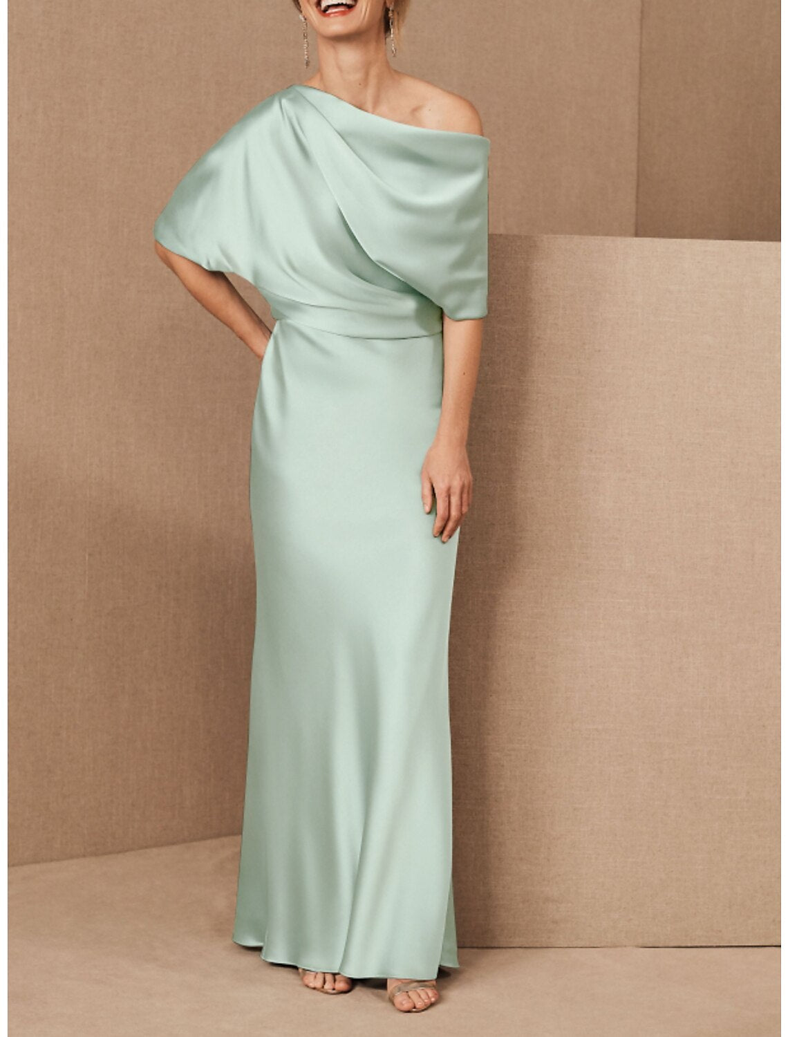 Sheath / Column Mother of the Bride Dress Elegant One Shoulder Floor Length Charmeuse Half Sleeve with Draping