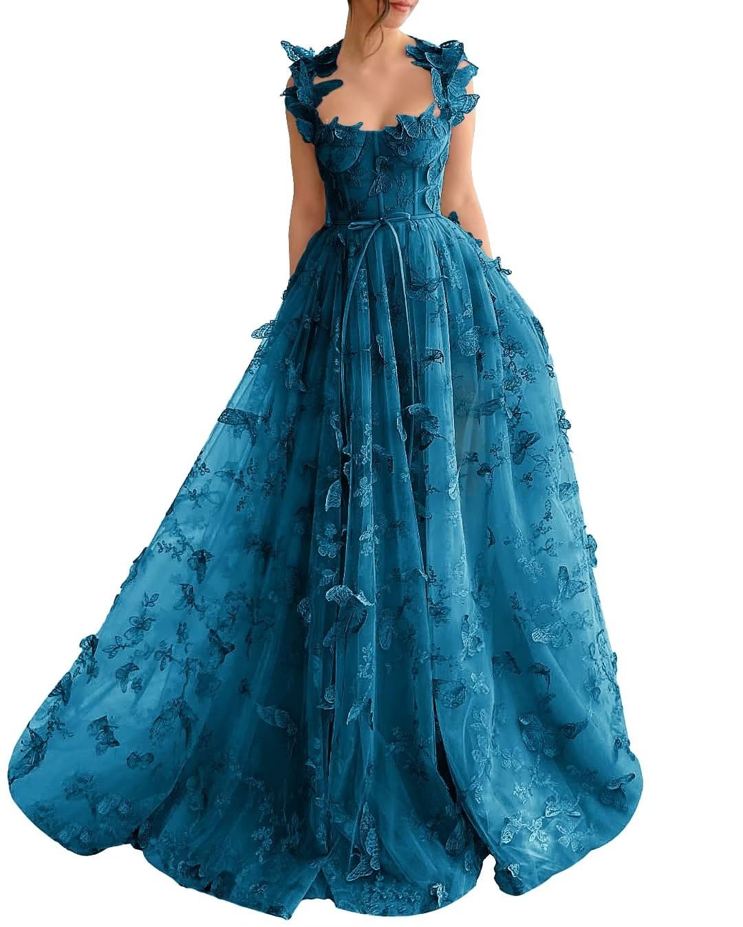 Long Tulle Prom Dress with 3D Butterflies Sexy Slit Ball Gown Evening Dresses Party Wedding Formal