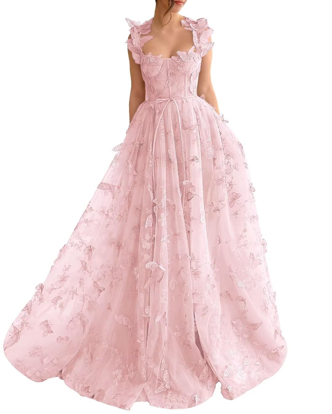 Long Tulle Prom Dress with 3D Butterflies Sexy Slit Ball Gown Evening Dresses Party Wedding Formal