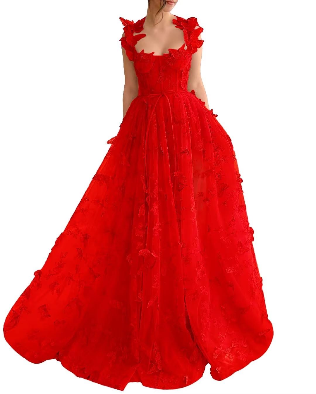 Long Tulle Prom Dress with 3D Butterflies Sexy Slit Ball Gown Evening Dresses Party Wedding Formal