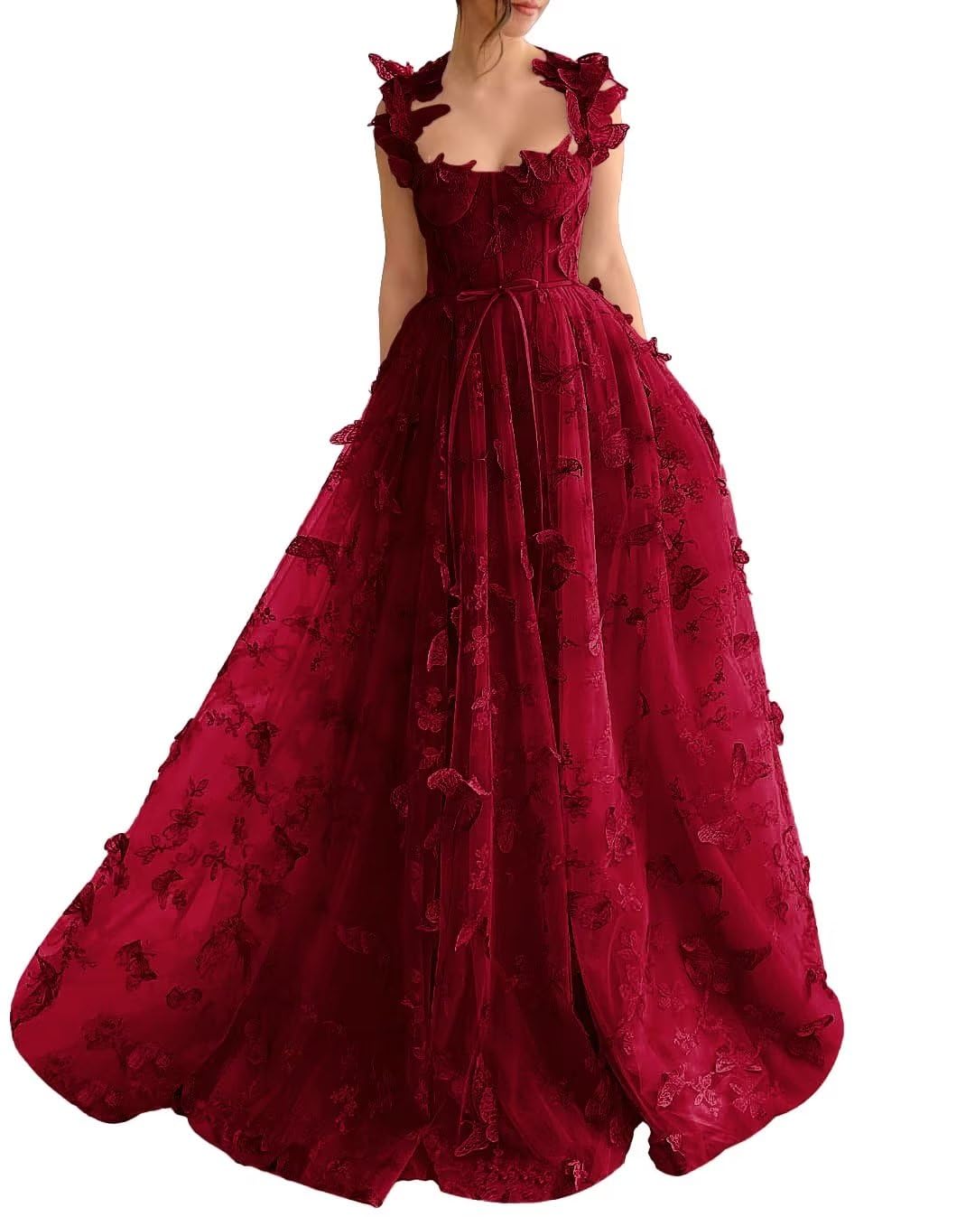 Long Tulle Prom Dress with 3D Butterflies Sexy Slit Ball Gown Evening Dresses Party Wedding Formal