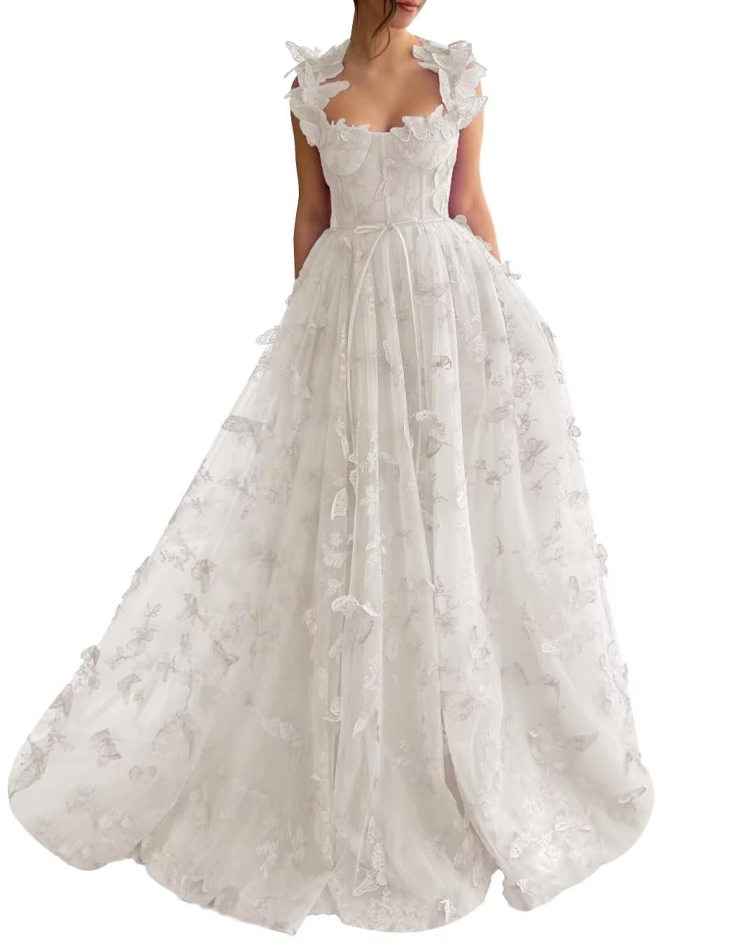 Long Tulle Prom Dress with 3D Butterflies Sexy Slit Ball Gown Evening Dresses Party Wedding Formal