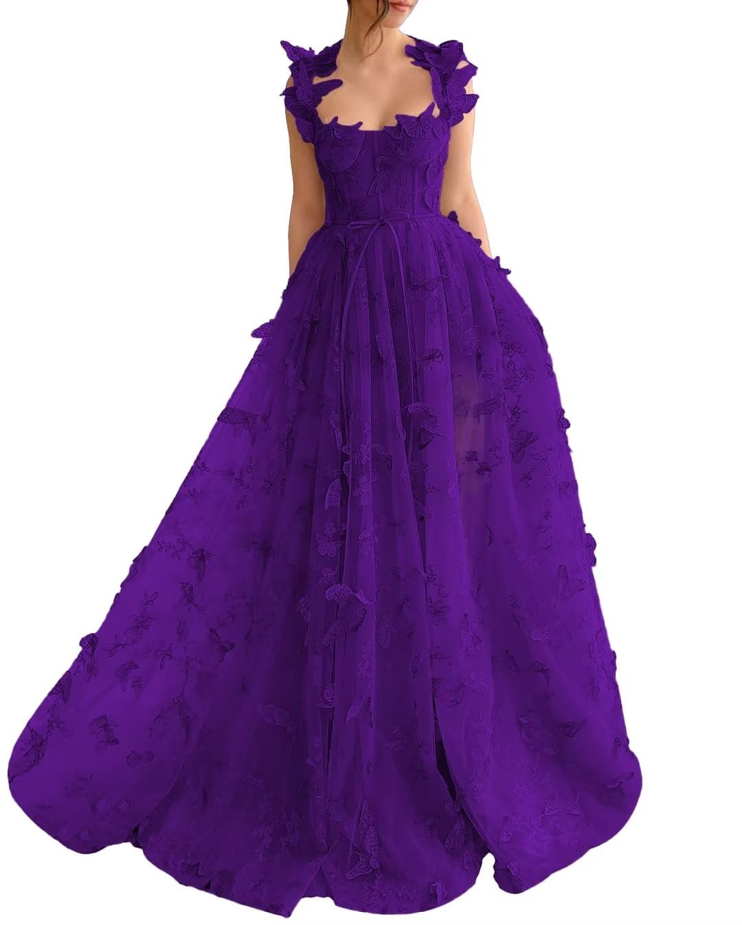 Long Tulle Prom Dress with 3D Butterflies Sexy Slit Ball Gown Evening Dresses Party Wedding Formal