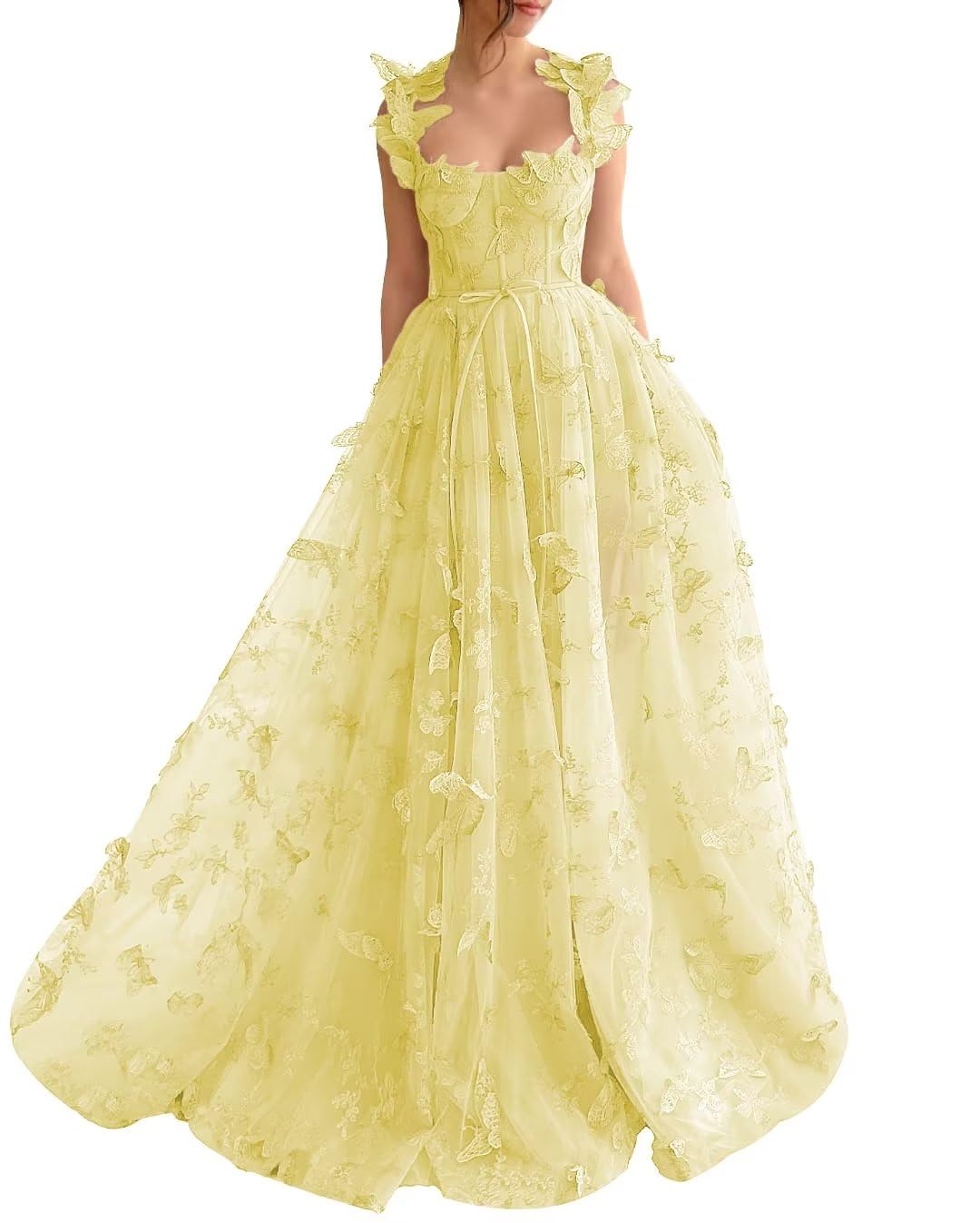 Long Tulle Prom Dress with 3D Butterflies Sexy Slit Ball Gown Evening Dresses Party Wedding Formal