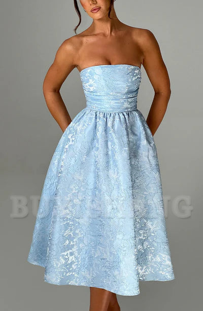 Buyishang Simple off shoulder ball dress floral jacquard fabric formal back to school dress evening dress