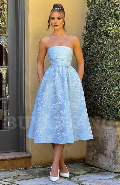 Buyishang Simple off shoulder ball dress floral jacquard fabric formal back to school dress evening dress