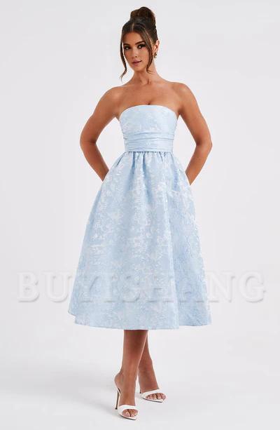 Buyishang Simple off shoulder ball dress floral jacquard fabric formal back to school dress evening dress