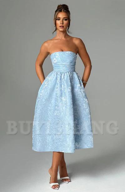 Buyishang Simple off shoulder ball dress floral jacquard fabric formal back to school dress evening dress