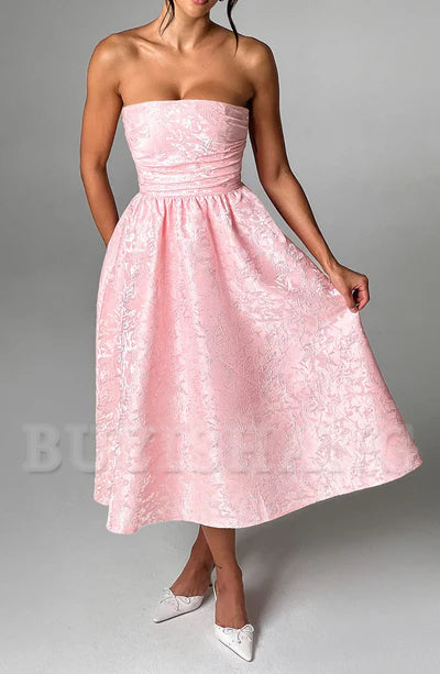 Buyishang Simple off shoulder ball dress floral jacquard fabric formal back to school dress evening dress