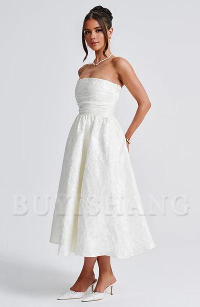 Buyishang Simple off shoulder ball dress floral jacquard fabric formal back to school dress evening dress