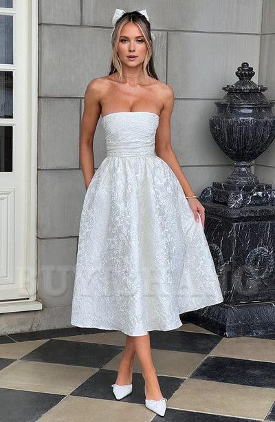 Buyishang Simple off shoulder ball dress floral jacquard fabric formal back to school dress evening dress