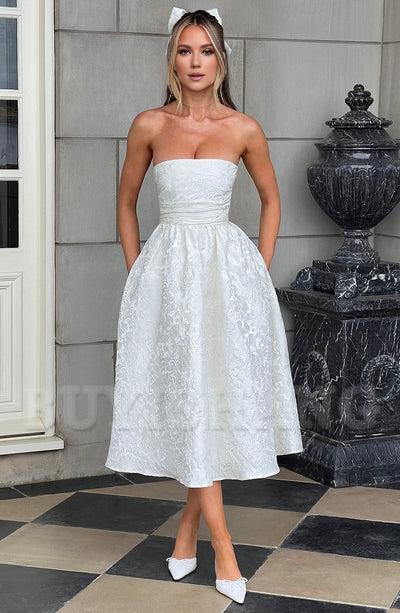 Buyishang Simple off shoulder ball dress floral jacquard fabric formal back to school dress evening dress