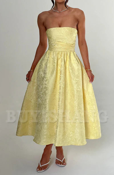 Buyishang Simple off shoulder ball dress floral jacquard fabric formal back to school dress evening dress