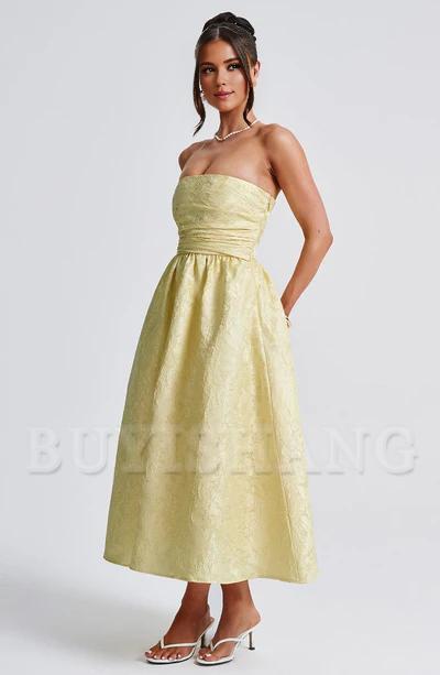 Buyishang Simple off shoulder ball dress floral jacquard fabric formal back to school dress evening dress