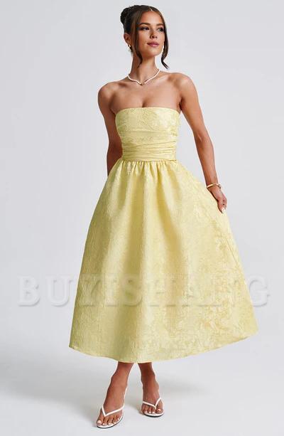 Buyishang Simple off shoulder ball dress floral jacquard fabric formal back to school dress evening dress