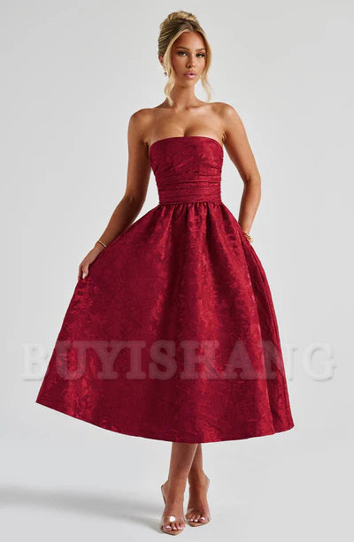 Buyishang Simple off shoulder ball dress floral jacquard fabric formal back to school dress evening dress