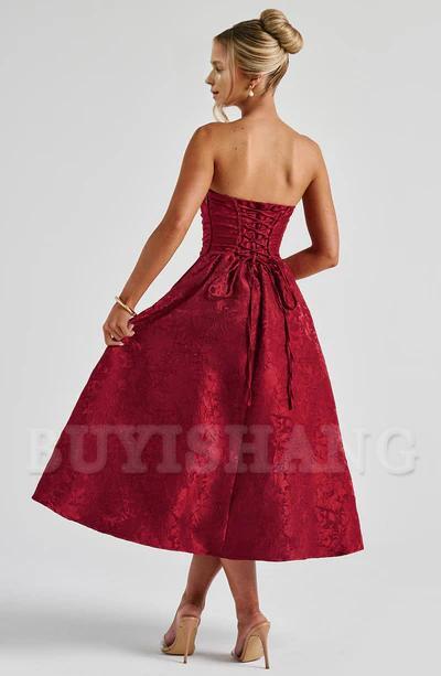 Buyishang Simple off shoulder ball dress floral jacquard fabric formal back to school dress evening dress