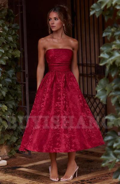 Buyishang Simple off shoulder ball dress floral jacquard fabric formal back to school dress evening dress