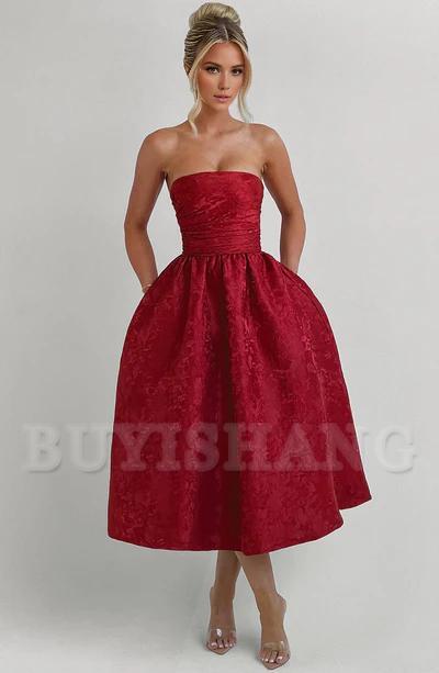 Buyishang Simple off shoulder ball dress floral jacquard fabric formal back to school dress evening dress