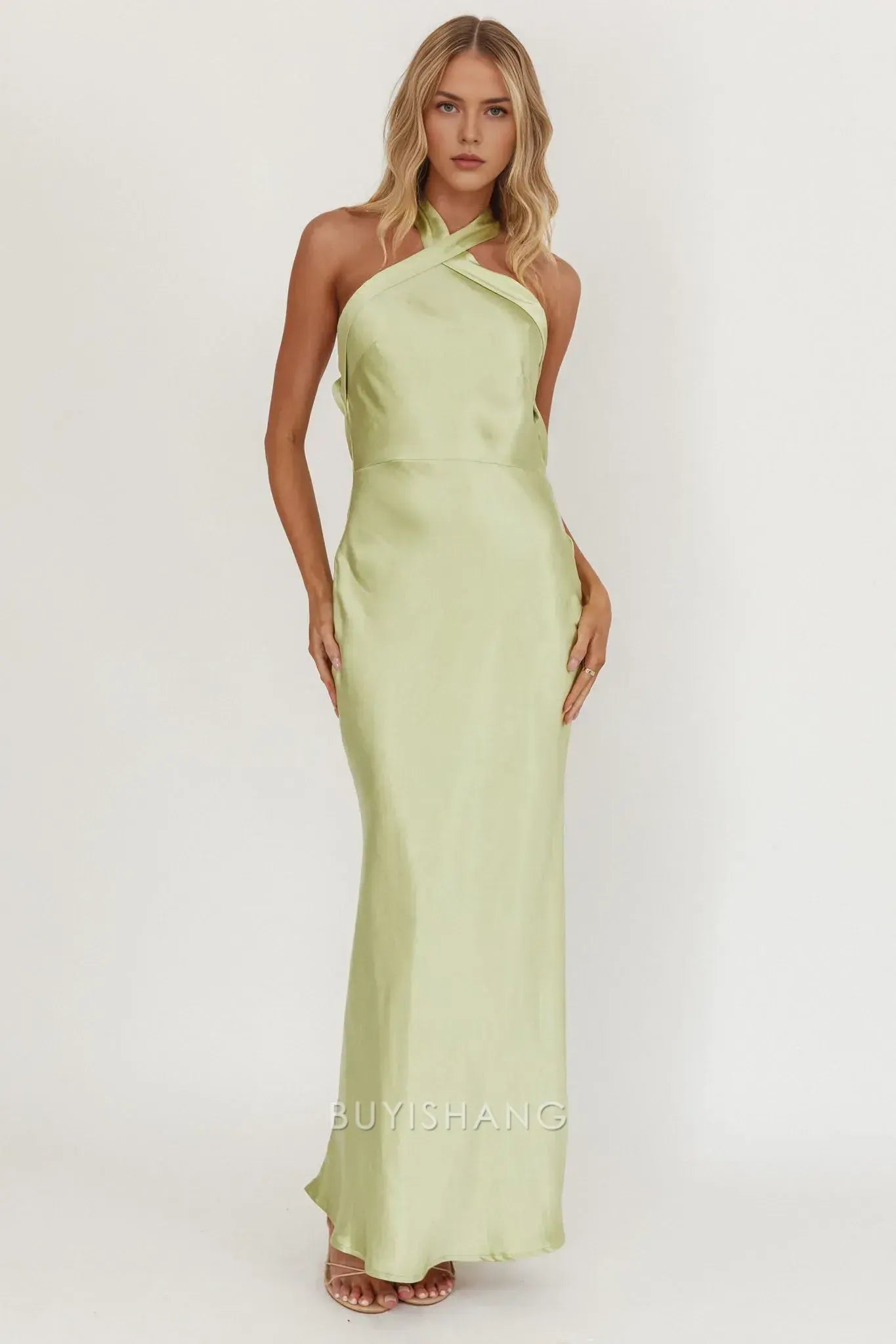Fashionable Satin Halter - Neck Maxi Dress with Open Back prom dress