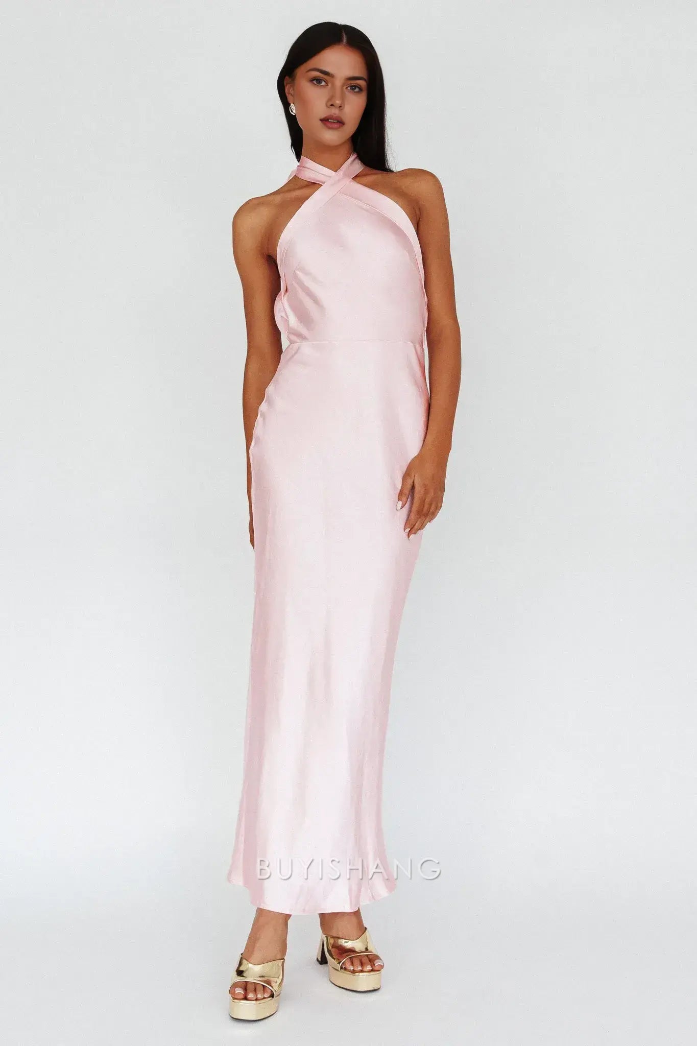 Fashionable Satin Halter - Neck Maxi Dress with Open Back prom dress