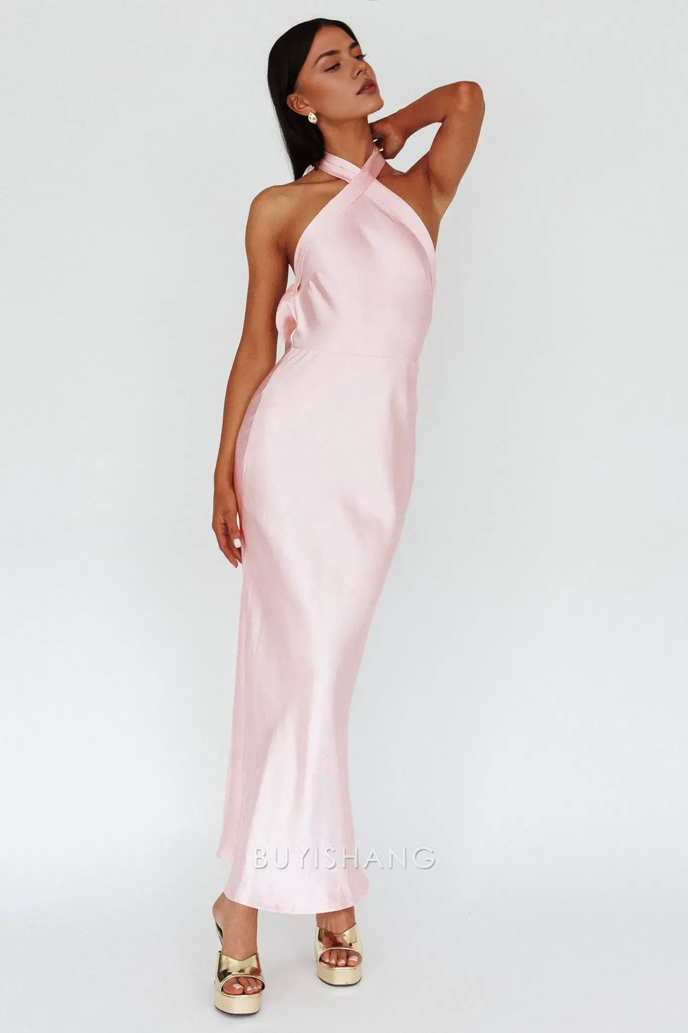 Fashionable Satin Halter - Neck Maxi Dress with Open Back prom dress