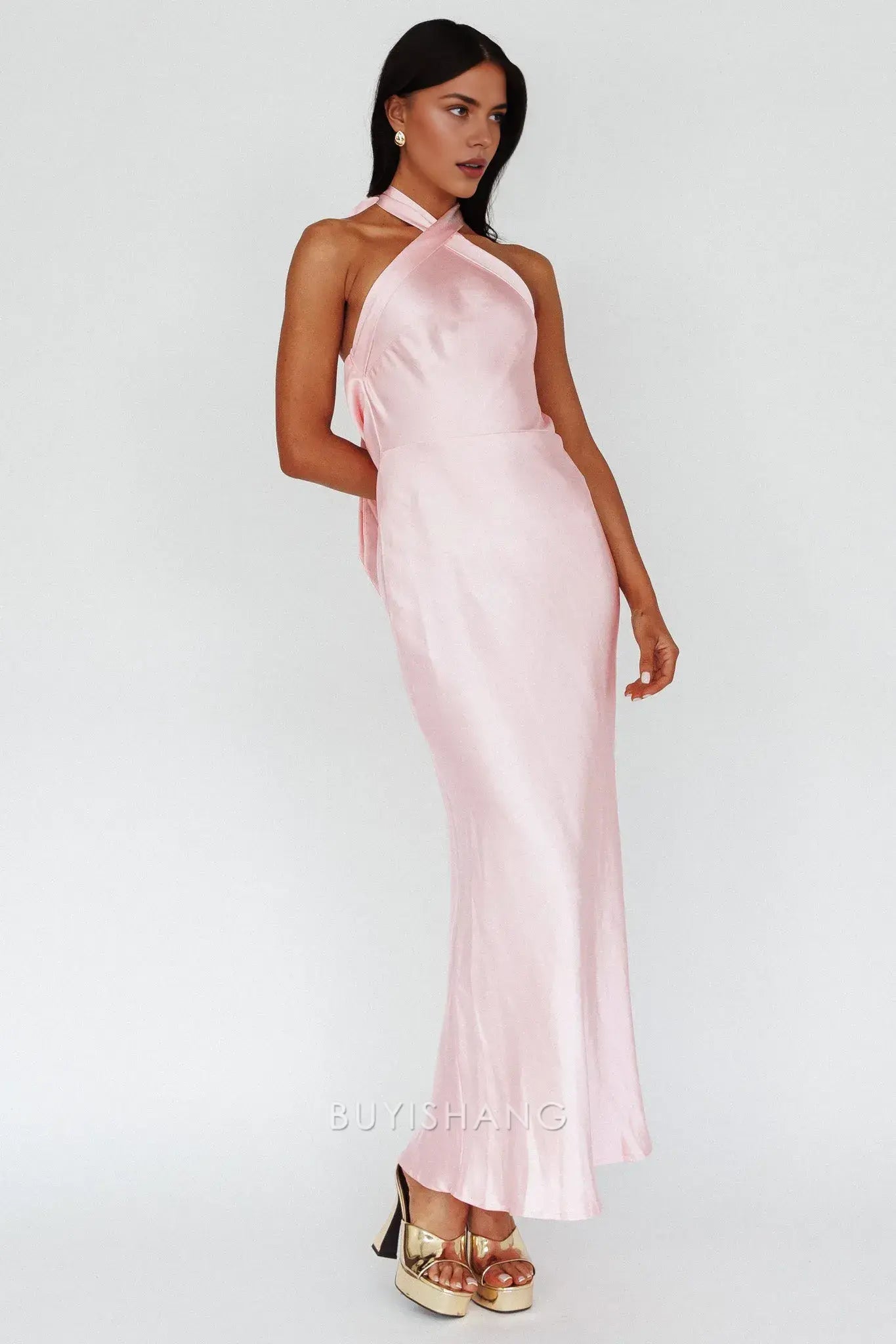 Fashionable Satin Halter - Neck Maxi Dress with Open Back prom dress