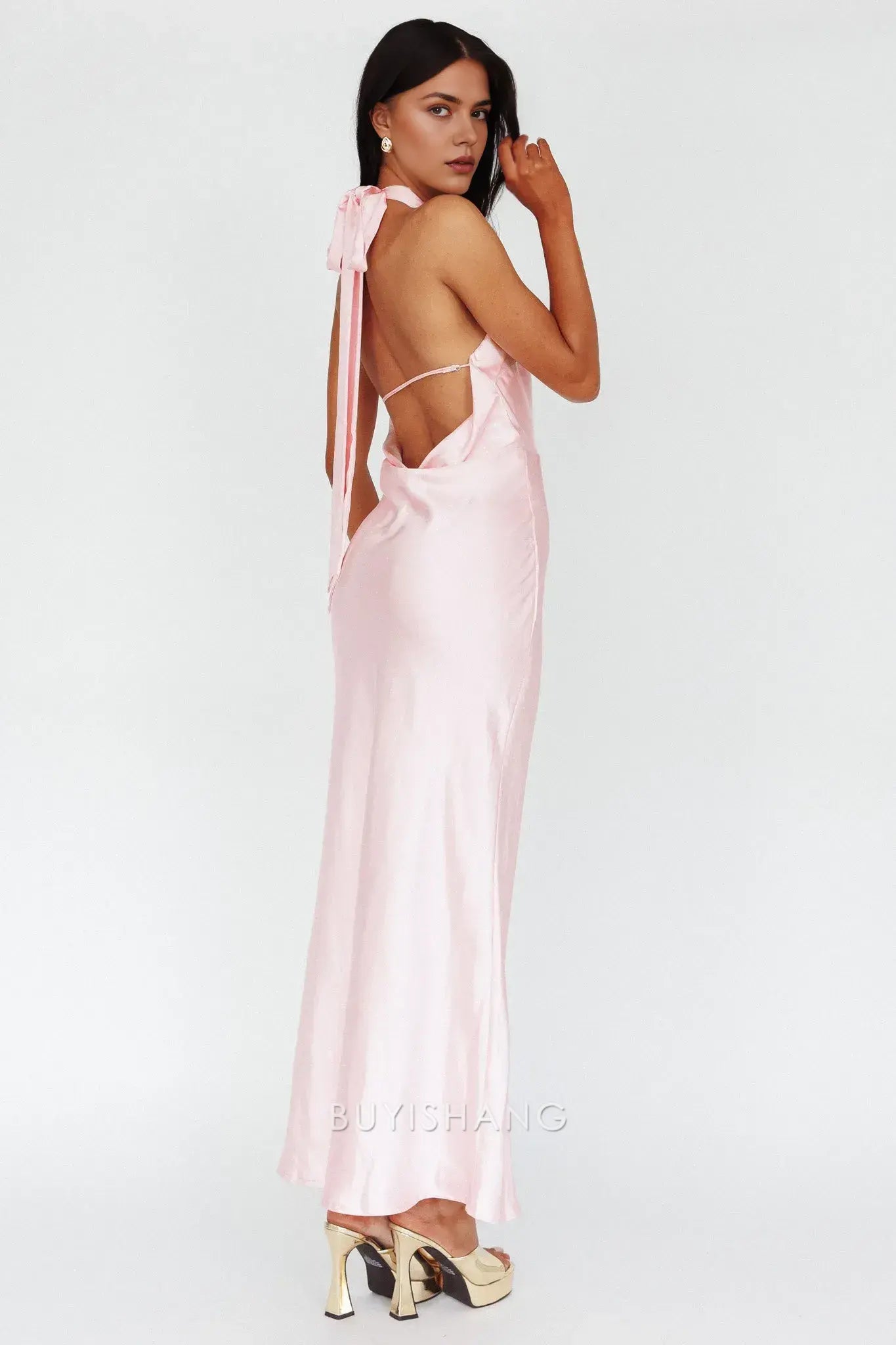 Fashionable Satin Halter - Neck Maxi Dress with Open Back prom dress