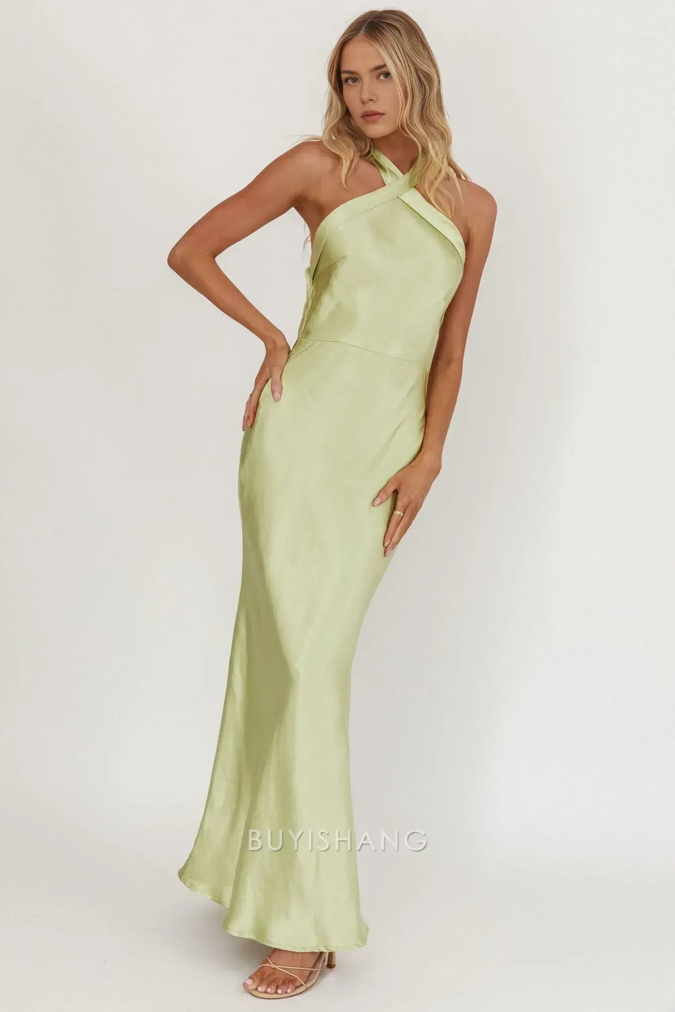 Fashionable Satin Halter - Neck Maxi Dress with Open Back prom dress