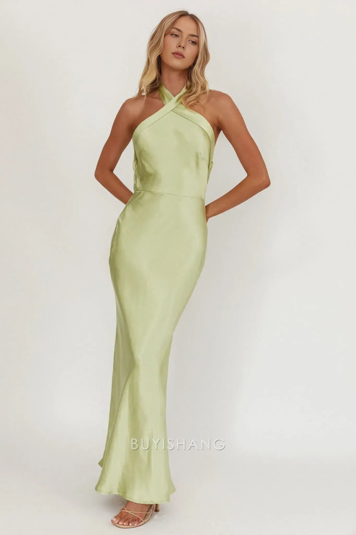 Fashionable Satin Halter - Neck Maxi Dress with Open Back prom dress