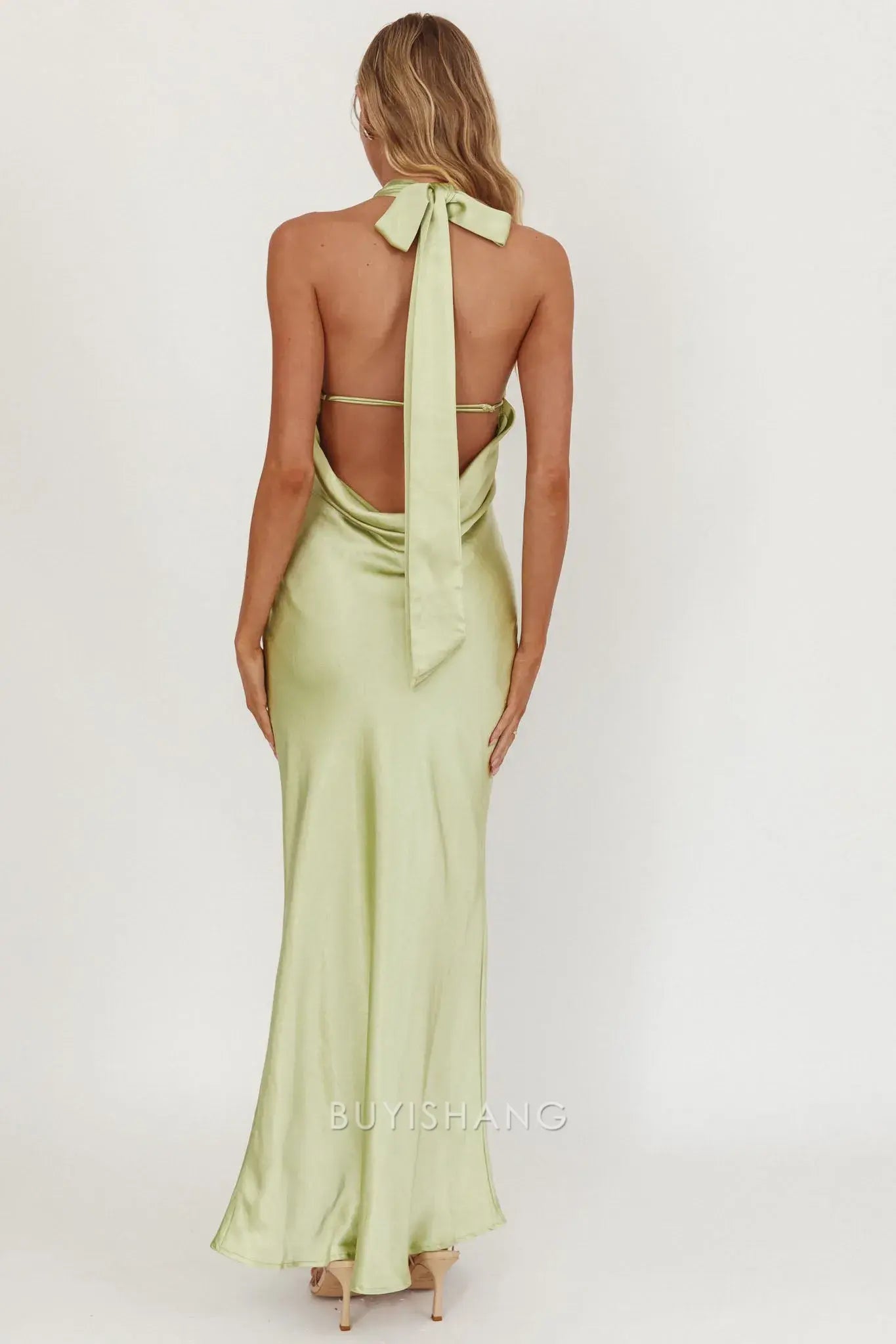 Fashionable Satin Halter - Neck Maxi Dress with Open Back prom dress