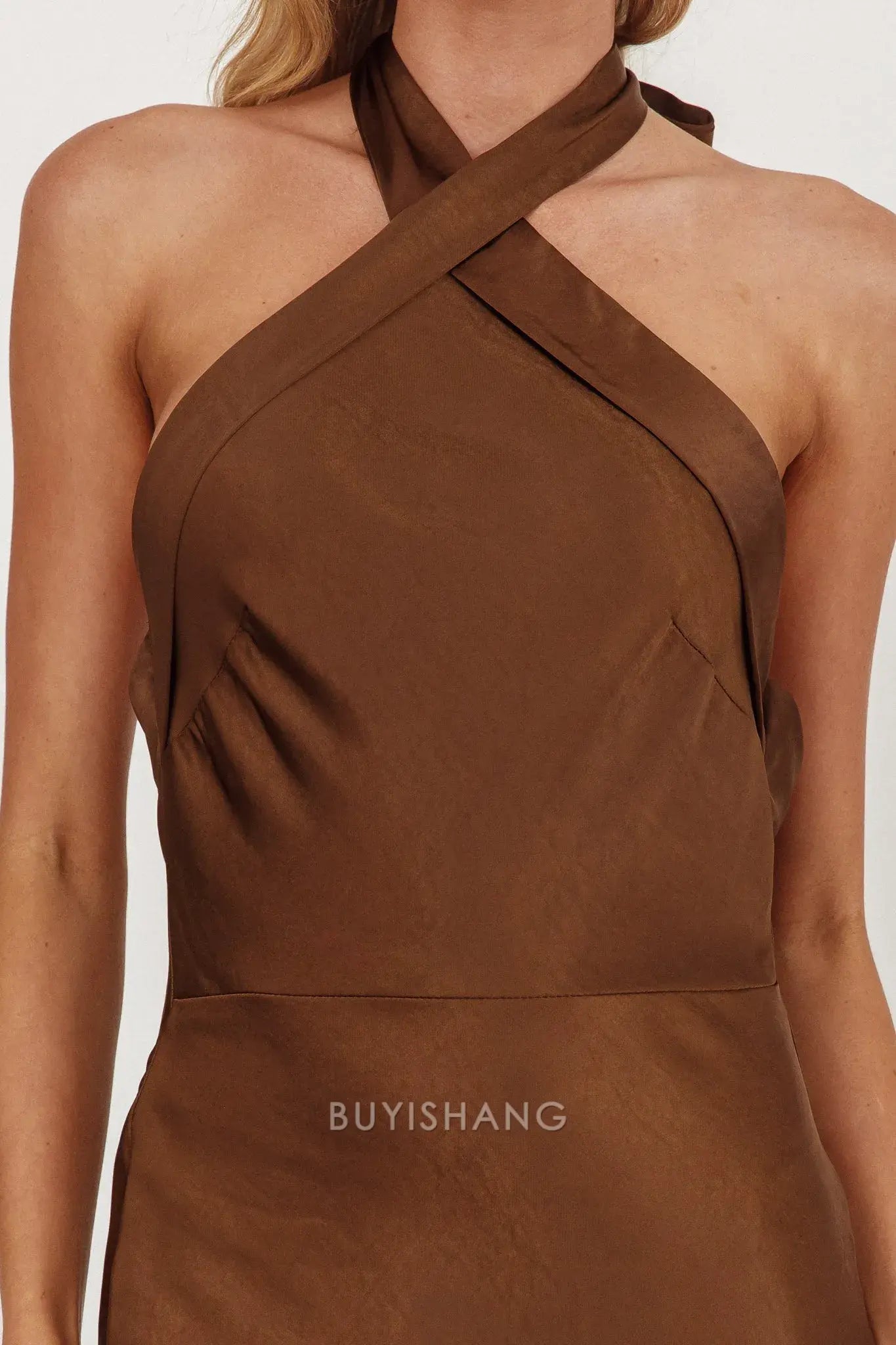 Fashionable Satin Halter - Neck Maxi Dress with Open Back and Tie Detail prom dress