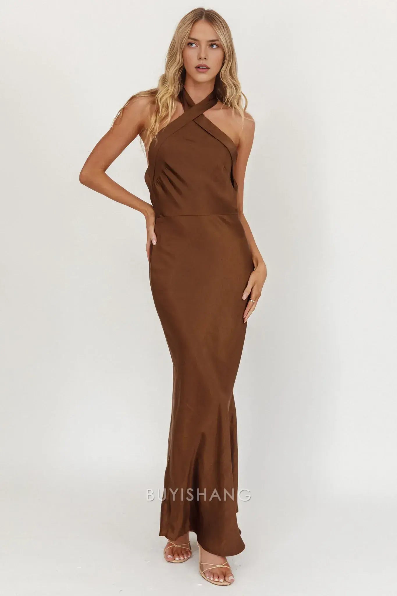 Fashionable Satin Halter - Neck Maxi Dress with Open Back and Tie Detail prom dress