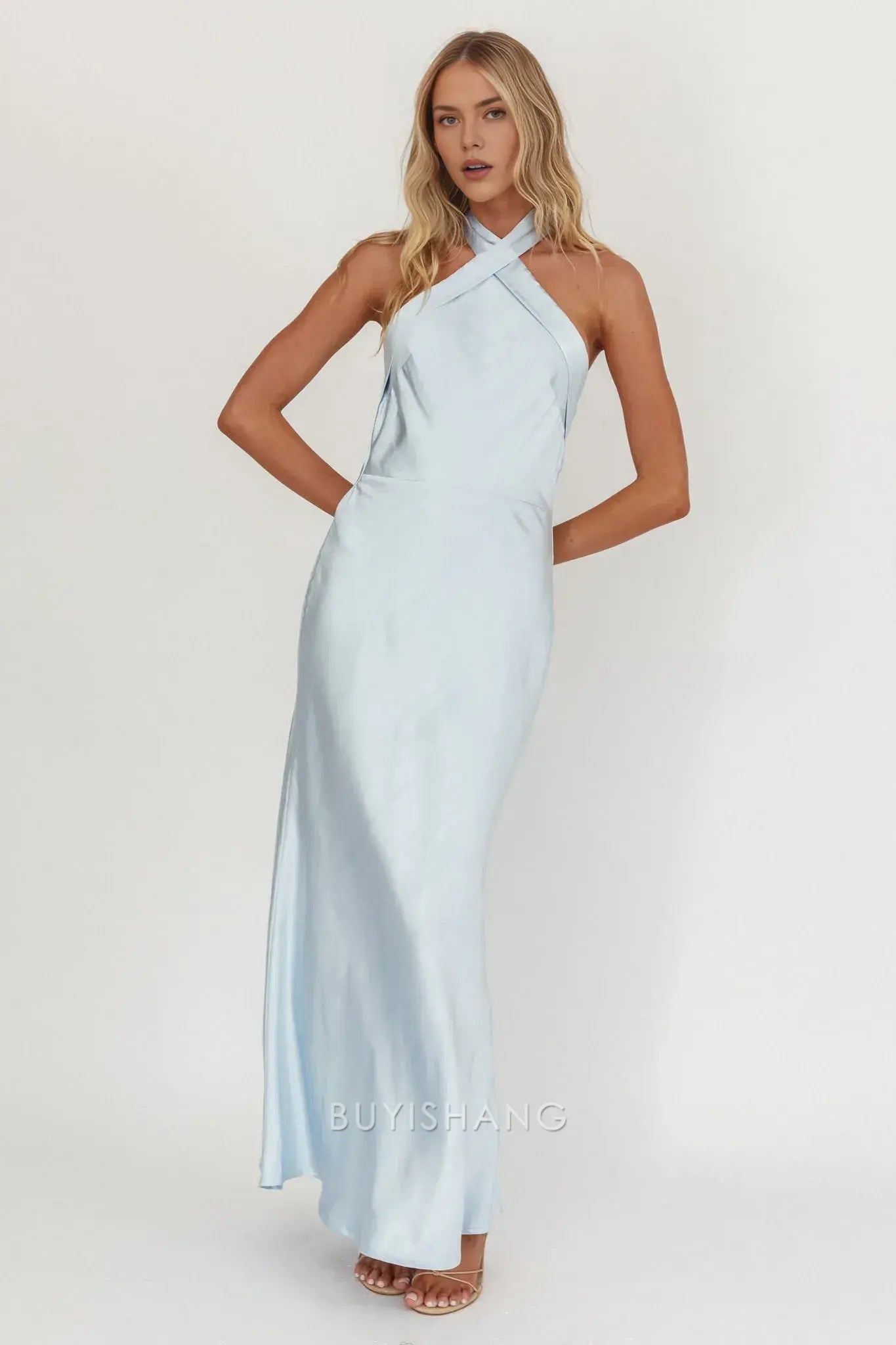 Fashionable Satin Halter - Neck Maxi Dress with Open Back and Tie Detail prom dress