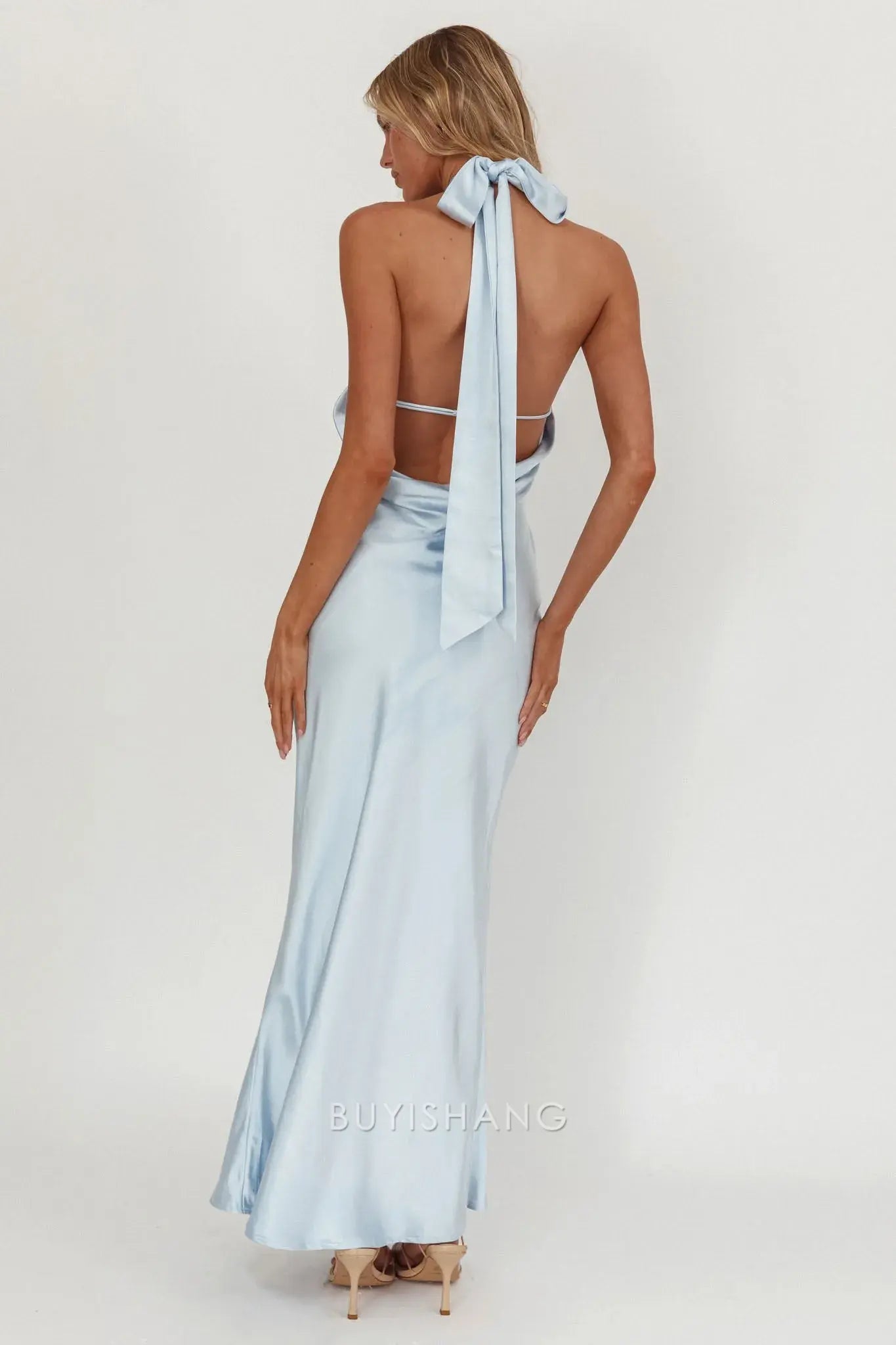 Fashionable Satin Halter - Neck Maxi Dress with Open Back and Tie Detail prom dress