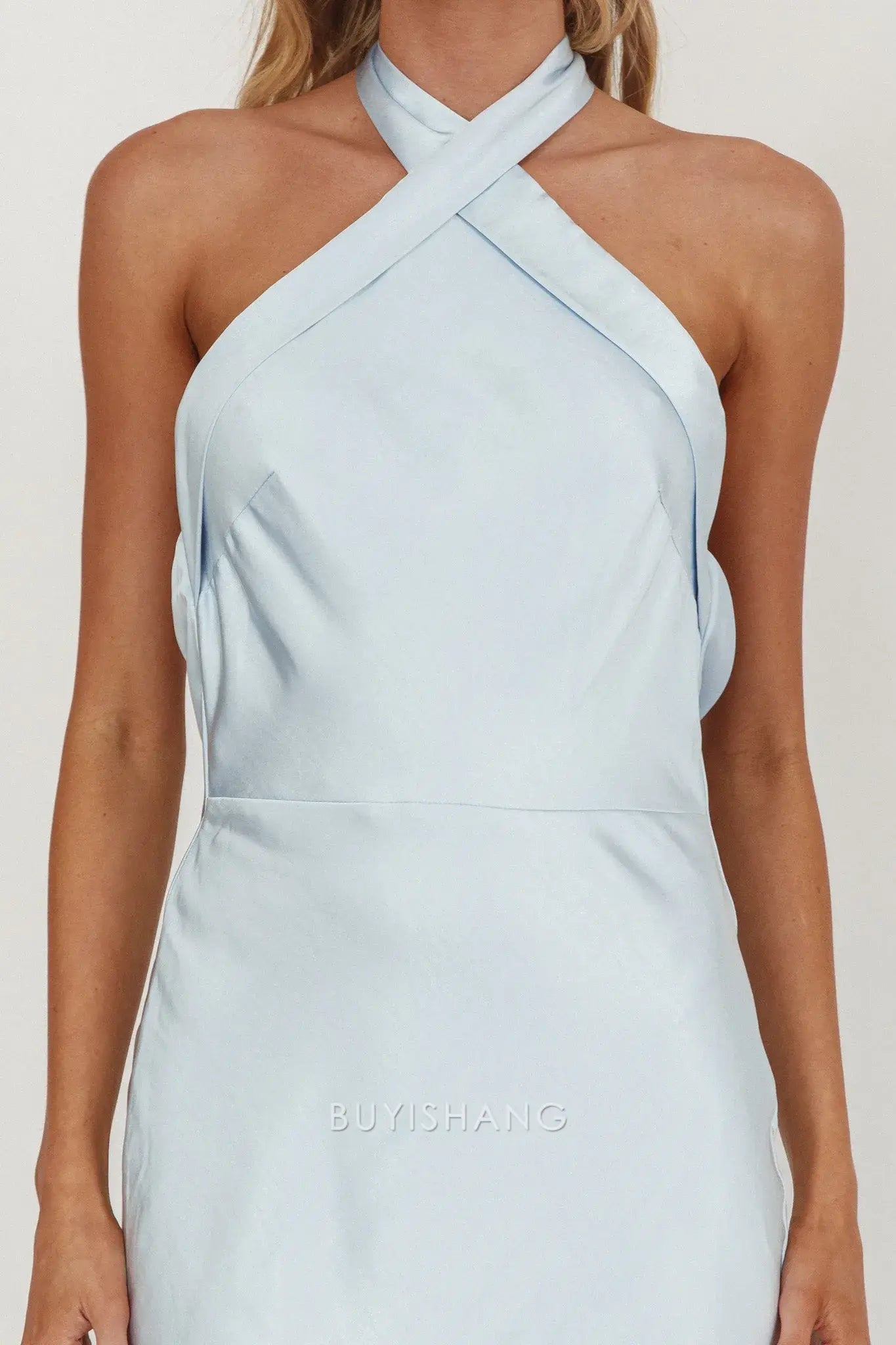 Fashionable Satin Halter - Neck Maxi Dress with Open Back and Tie Detail prom dress