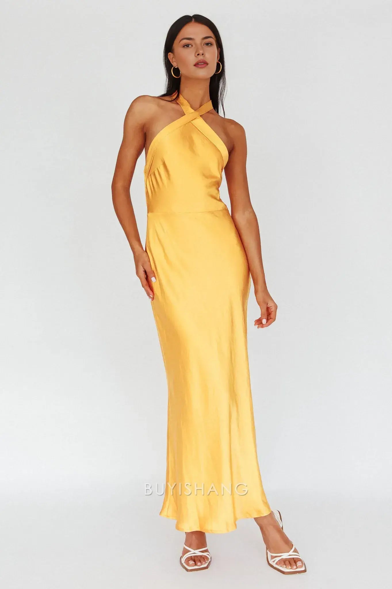 Fashionable Satin Halter - Neck Maxi Dress with Open Back prom dress