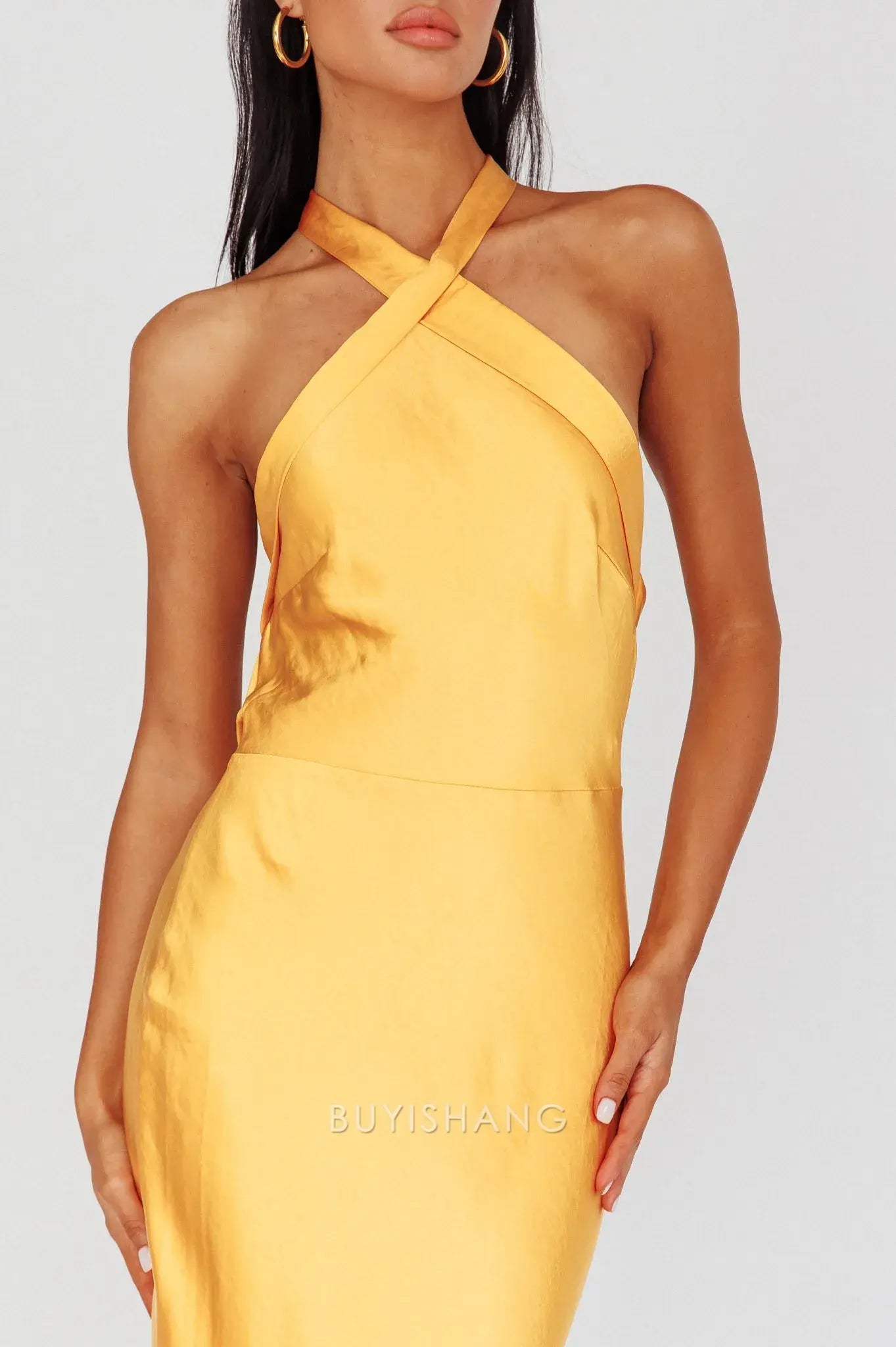 Fashionable Satin Halter - Neck Maxi Dress with Open Back prom dress