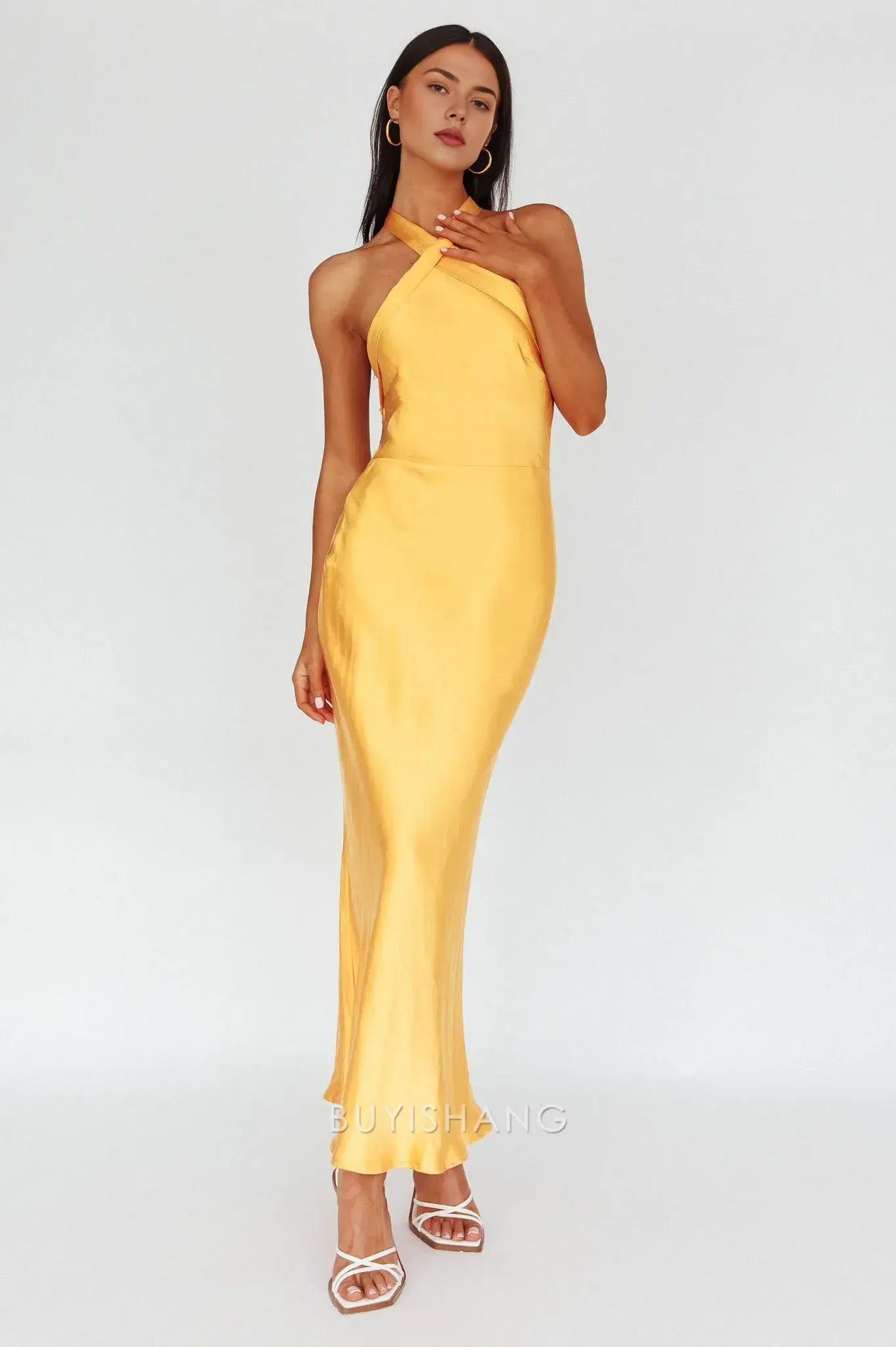 Fashionable Satin Halter - Neck Maxi Dress with Open Back prom dress