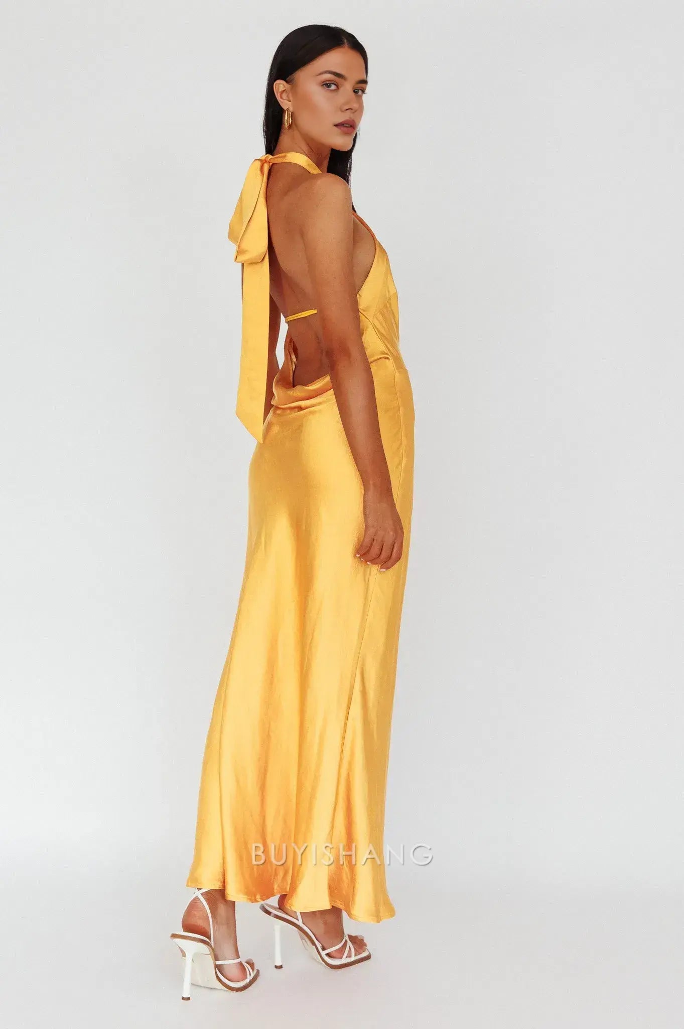 Fashionable Satin Halter - Neck Maxi Dress with Open Back prom dress